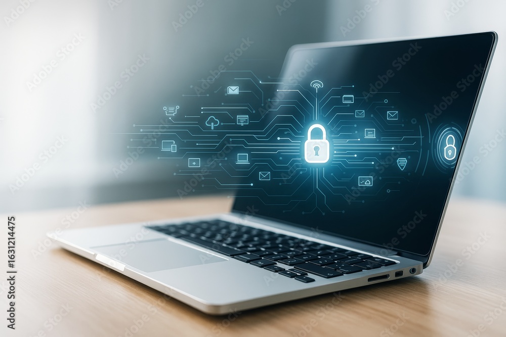 Poster cybersecurity concept with glowing digital lock over laptop screen and circuit data icons on light b