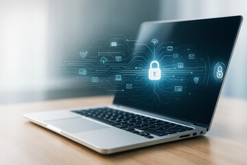 Cybersecurity concept with glowing digital lock over laptop screen and circuit data icons on light background, symbolizing secure technology connections.
