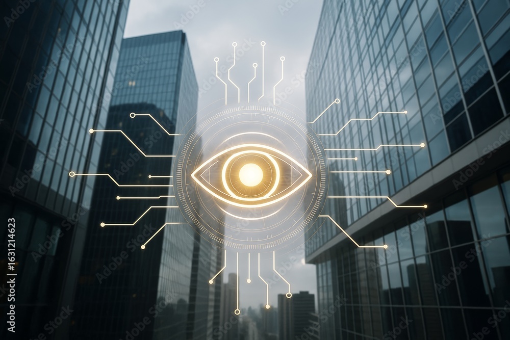 Aufkleber futuristic digital eye with glowing circuits over modern skyscraper background symbolizing surveilla