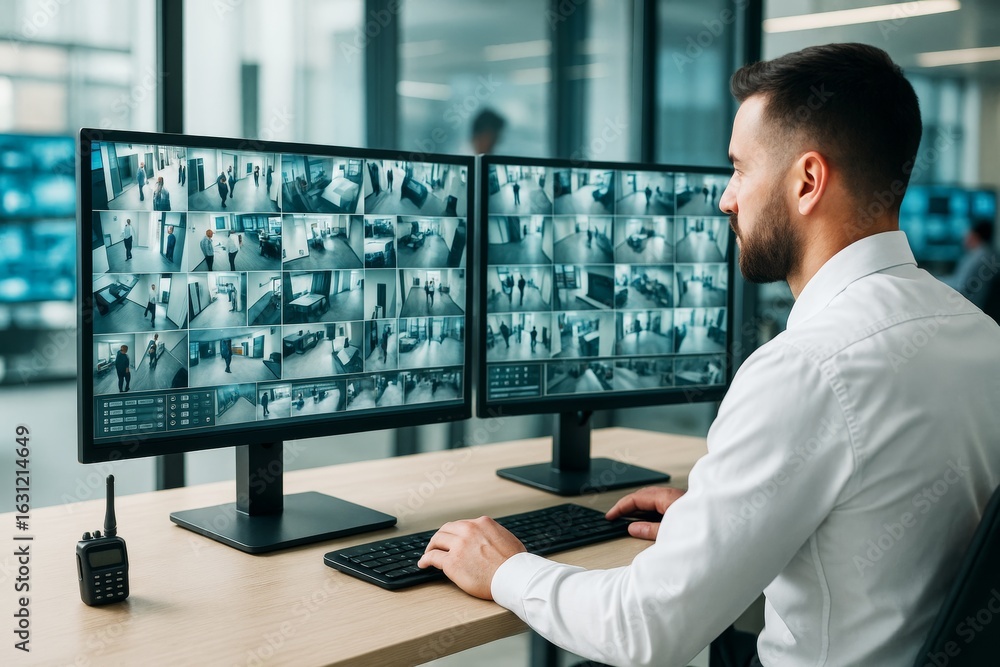 Poster security officer monitors multiple video surveillance feeds on dual screens in modern control room w