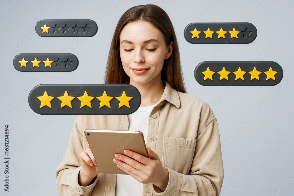 Poster woman using tablet with floating star rating icons representing feedback and reviews on a light back