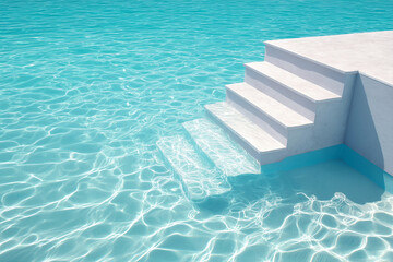 Obraz premium white staircase with steps in swimming pool with clear blue water. 3D render abstract background
