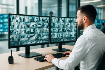 Security officer monitors multiple video surveillance feeds on dual screens in modern control room with transparent tech background light effect.