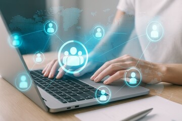 Person typing on laptop with glowing user icons and world map overlay on light background representing global tech connection concept.