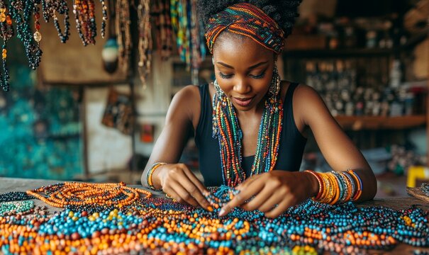 Inclusive image of a Black woman making gemstone jewelry in a home workshop. An African female artisan crafting beaded necklaces, earrings, and bracelets for an online store, Generative AI