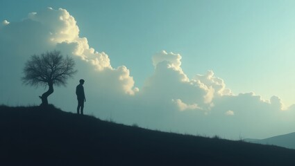 A solitary figure contemplates the vast expanse of the sky and clouds from a grassy hill