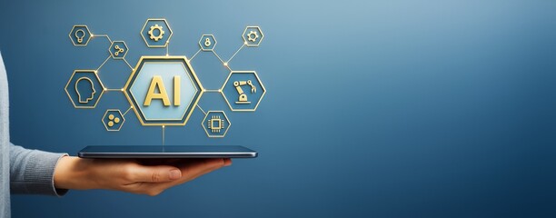 Artificial intelligence concept with icons and tablet on blue background representing innovation, business, and futuristic technology design.