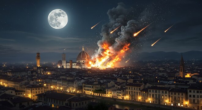 Cityscape with Fiery Meteors and Full Moon at Night - Powered by Adobe