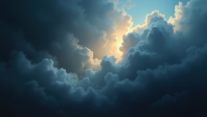 Dramatic sky filled with dark stormy clouds illuminated by a bright sunbeam breaking through the heavens above creating a heavenly glow