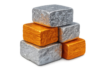 Gold and silver bricks forming a pyramid shape symbolize wealth, stability, and success, on a transparent background