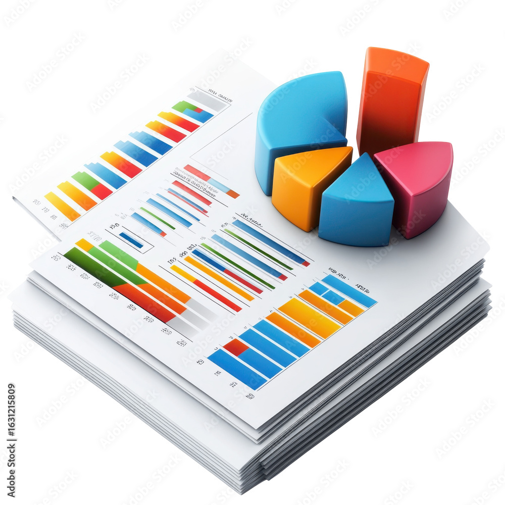 Poster colorful business reports with bar graphs and pie charts, financial analysis and data visualization 