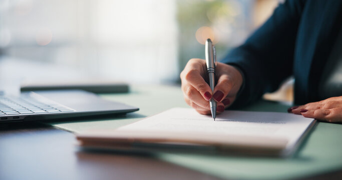 Office, approval and hands with document, signing and employee with terms or investment opportunity. Business, accountant and person with legal paperwork, table and agreement for financial records