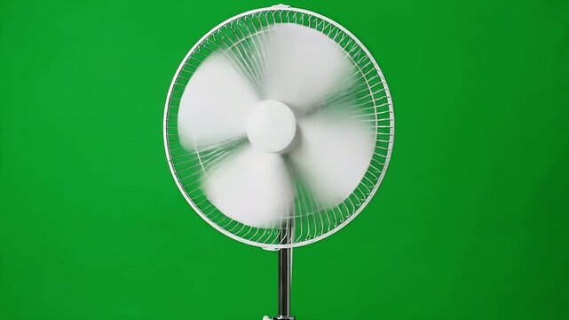 White electric fan with spinning blades providing a cool breeze, isolated on a green chroma key background for easy compositing.