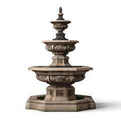 Fototapeta premium Elaborate tiered stone fountain isolated on white background