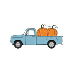 Vintage Blue Pickup Truck with Orange Pumpkins Vector Illustration, Autumn Harvest