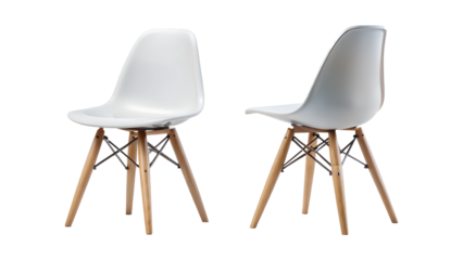Two modern chairs, one white and one gray, isolated on transparent background, showcasing minimalist furniture design for home or office