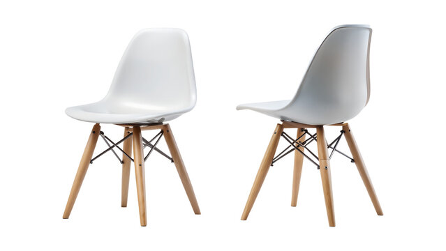 Two modern chairs, one white and one gray, isolated on transparent background, showcasing minimalist furniture design for home or office
