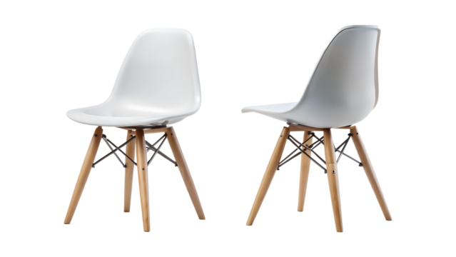 Two modern chairs, one white and one gray, isolated on transparent background, showcasing minimalist furniture design for home or office