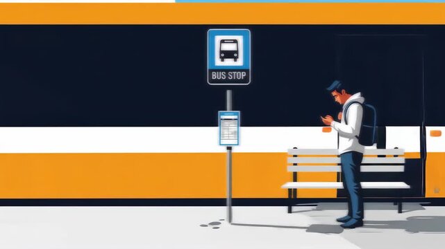 Flat vector a man is waiting at a bus stop, checking his mobile phone, with a backpack on, in an urban setting, highlighting the intersection of travel and technology