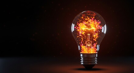Glowing Lightbulb Filled with Warm Flowers on Dark Background