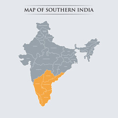 Obraz premium Map of Southern India Detailed Geographic Area with States and Borders Isolated on Light Grey. Vector Illustration