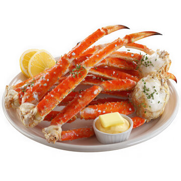 Delicious snow crab legs served with lemon and butter on a white plate isolated on transparent background