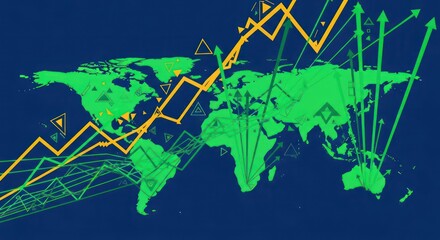 Dynamic Global Finance: Upward Arrow Charts Over a Stylized Green World Map