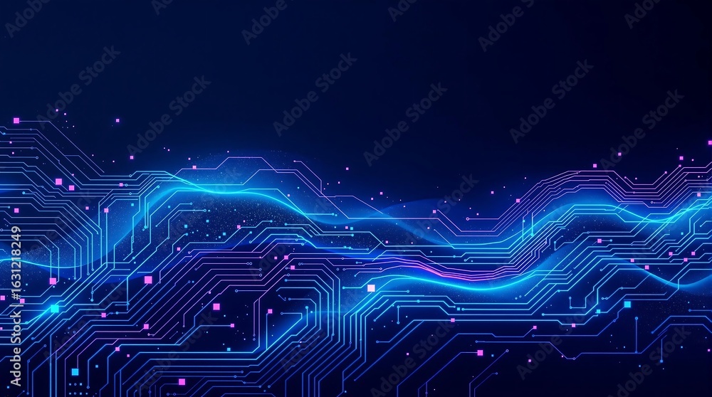 Poster dynamic blue and pink glowing digital circuit board waves, representing data flow and innovation