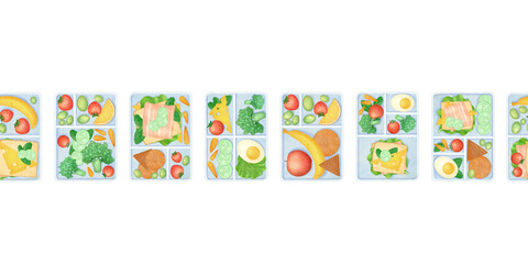 Seamless horizontal border watercolor isolated illustration. Lunch boxes with healthy food clip art. Hand drawn sketch for menu.