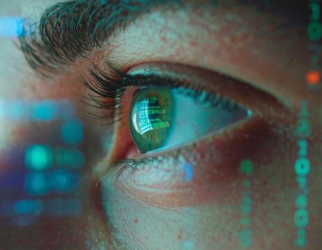 An extreme close-up, cinematic photograph of a woman's eye, reflecting the glow of a computer screen with code on it. The image is full HD, incredibly detailed, and over 2 MB.