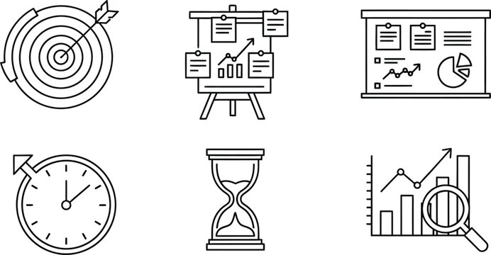 Vector art of set of black and business and finance icons representing targets, charts, time management, and data analysis