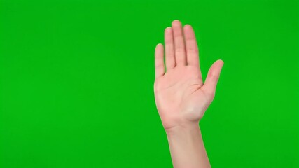 A person's hand slowly waves hello or goodbye with an open palm. Isolated on a solid green screen background, this gesture is perfect for chroma key compositing in various video projects.