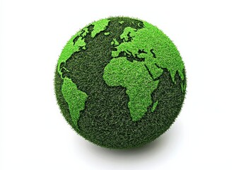 Grass-covered globe illustrating continents on a clean backdrop.