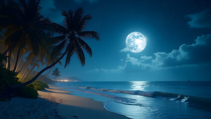 Cinematic wide shot of a serene tropical beach with a stunning night sky.