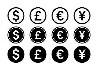 Currency Symbol Icon Set Vector. Dollar, Pound, Euro, Yen Sign in Circle for Finance, Banking, Money Exchange, Investment, Economy, Payment and Business Design Elements