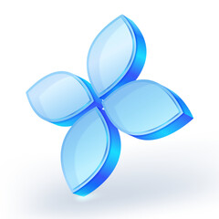 Glossy 3D blue glass flower icon with four curved petals, perfect for beauty, nature, or wellness-related designs and branding. Vector illustration.