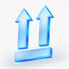3D blue glossy "This Side Up" icon with two upward arrows and a base, used for shipping, packaging, and handling instructions. Isolated on transparent background. Vector illustration.