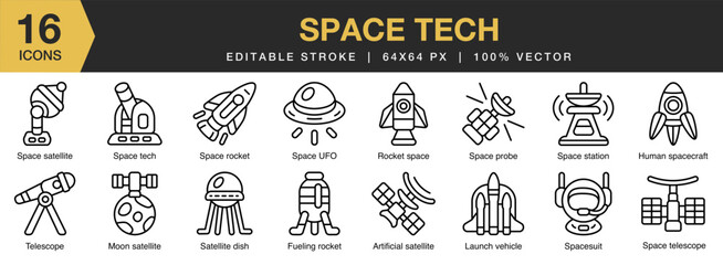 Obraz premium Space Tech icon set. Editable Stroke Icon Collection. Includes futuristic, digital, tech, space, data, and More. Outline icons vector collection.
