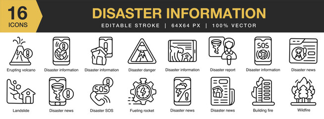 Disaster Information icon set. Editable Stroke Icon Collection. Includes information, disaster, technology, service, system, and More. Outline icons vector collection.