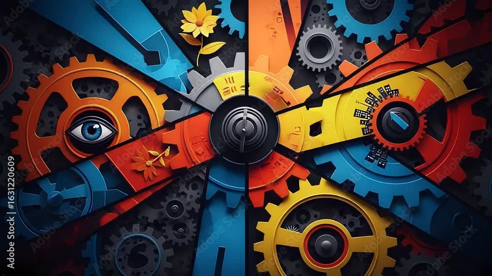Poster colorful abstract gears and cogs mechanism with industrial design elements