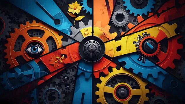 Colorful Abstract Gears and Cogs Mechanism with Industrial Design Elements