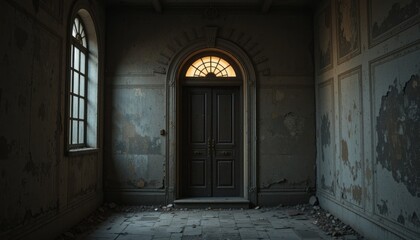 Fototapeta premium Abandoned Interior with Dark Doorway and Weathered Walls in an Old Building, Evoking Mystery and Nostalgia