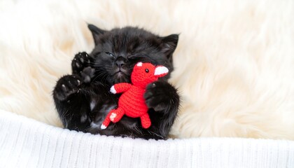 Black kitten sleeping with red toy