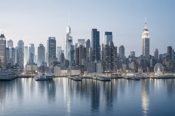 Obraz premium Futuristic city skyline with modern skyscrapers reflecting on calm waterfront at dusk under soft blue sky concept background.