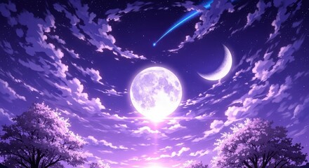 Full Moon and Crescent Shining in Violet Night Sky