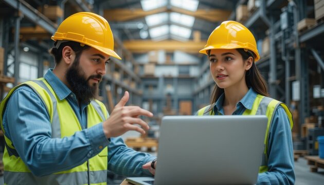 Industrial Warehouse Team Consultation with Safety Gear High-Visibility Vests and Hard Hats, Modern Storage Facility, Professional Engineers Collaboration