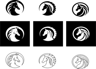 Set of horse head icons in silhouette and outline styles. Use in ranch branding, equestrian designs, racing clubs, and farm product labels.

