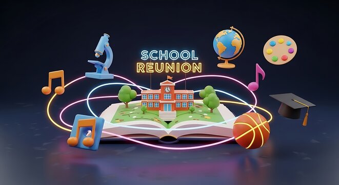 3d school reunion scene with book school globe microscope and musical notes on a dark background