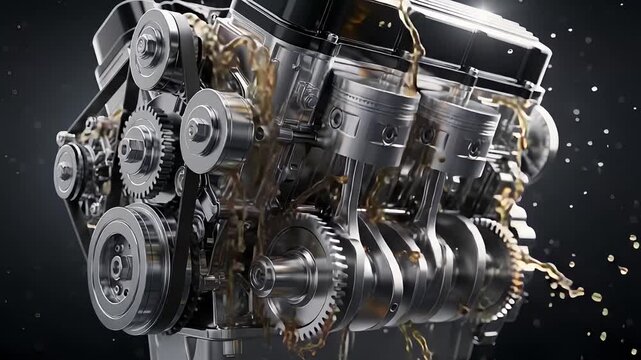 Detailed Close-Up of an Industrial Engine Showing Oil Flow and Mechanical