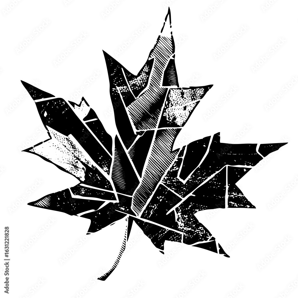 Poster vector fragmented maple leaf with textured details.